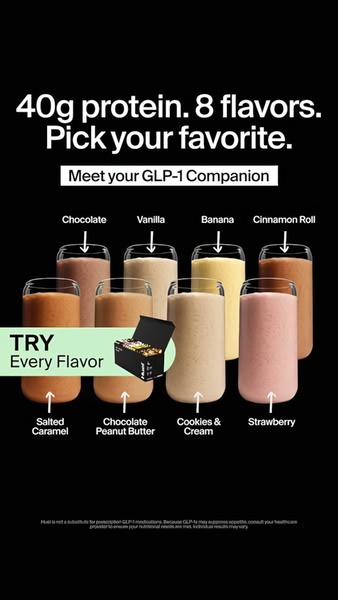 A clean, high-contrast grid display showcasing eight different protein shake flavors to highlight product variety and key nutritional benefits.